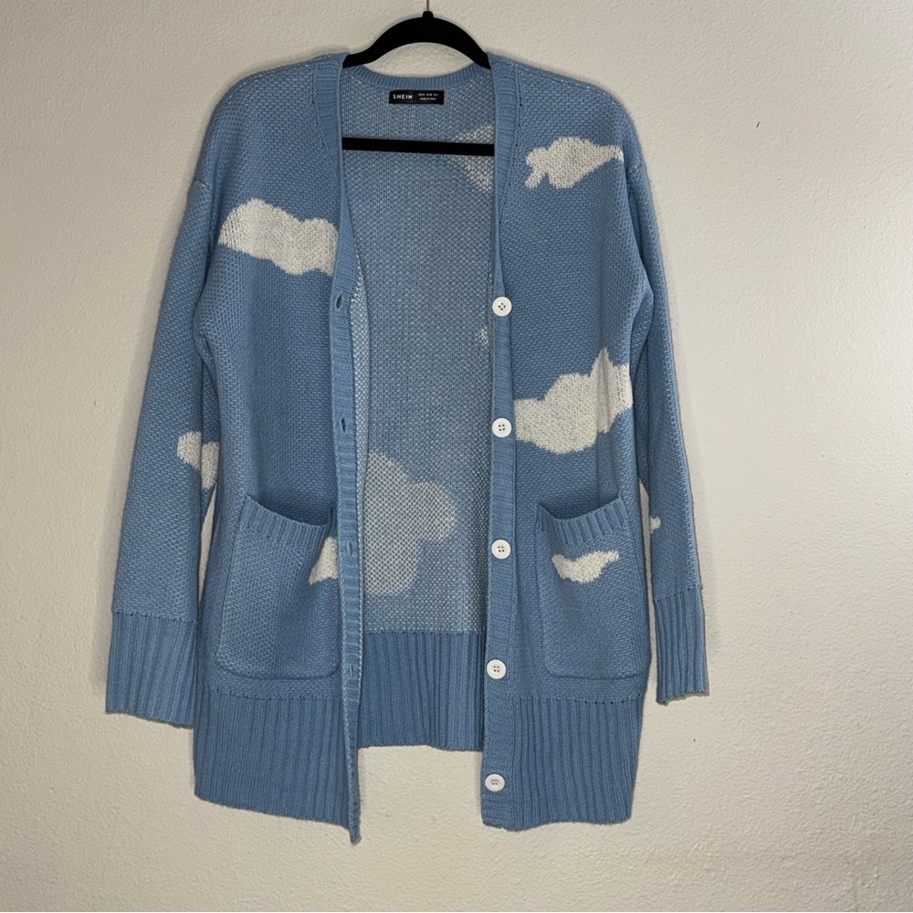 Light Blue Cloud Pattern Button-Up Cardigan